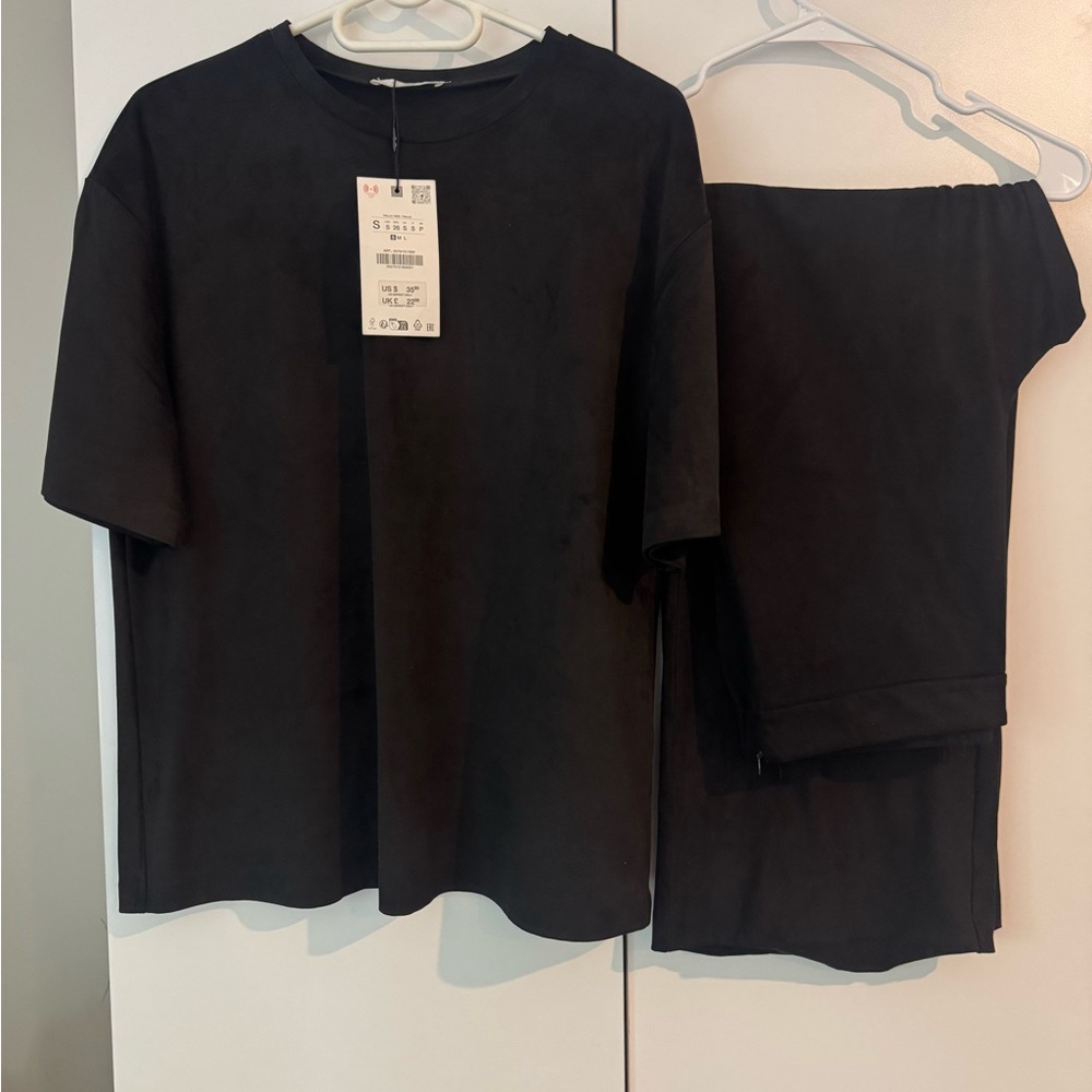 Zara Black suede Straight-Leg Pants